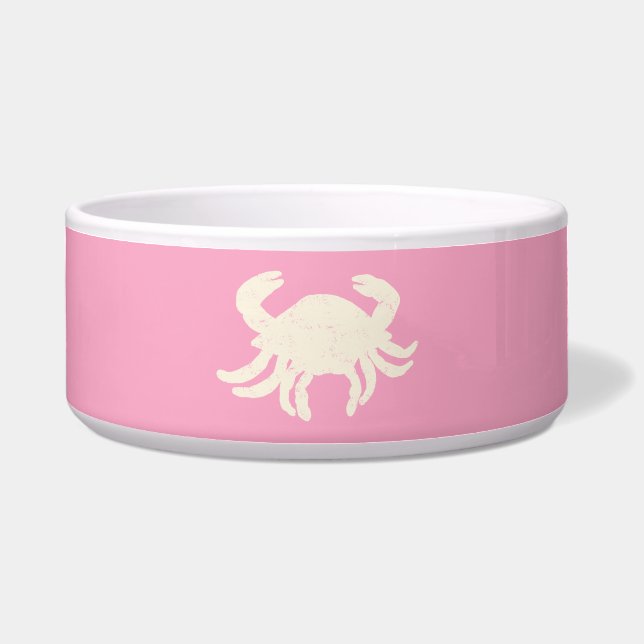 Preppy Pink White Crab Ceramic Pet Bowl (Front)