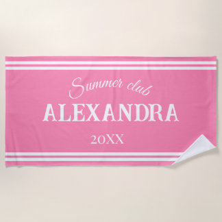 Preppy Pink White Stripe Personalised Name Beach Towel