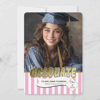 Preppy Pink White Stripes Photo Grad Party Invitation
