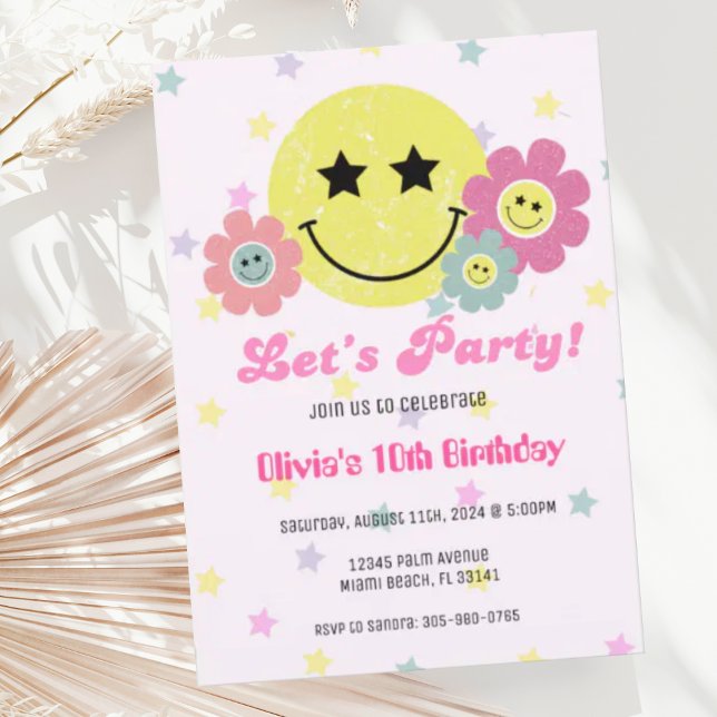 Preppy Pink Y2K Retro Happy Face Party Birthday Invitation (Creator Uploaded)