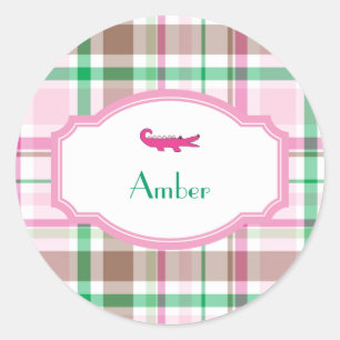 Preppy Plaid Alligator Lilly Shower Birthday Classic Round Sticker
