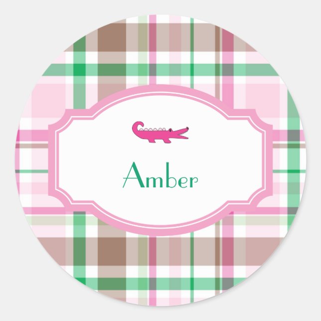 Preppy Plaid Alligator Lilly Shower Birthday Classic Round Sticker (Front)