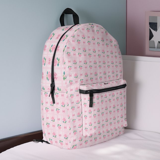 Preppy Plaid Backpack with Roses & Ribbon Bows (pink floral plaid school backpack)