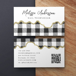 Preppy Plaid Black White Gold Glitter QR Code Business Card