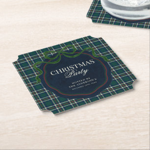 Preppy Plaid Christmas Party Green Navy Tartan Paper Coaster