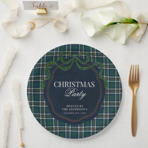 Preppy Plaid Christmas Party Green Navy Tartan   Paper Plate