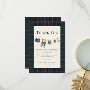 Preppy Plaid Clothesline Teddy Bow Boy Baby Shower Thank You Card