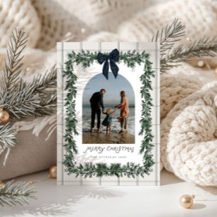 Preppy Plaid Garland Bow Arch Photo Christmas Holiday Card