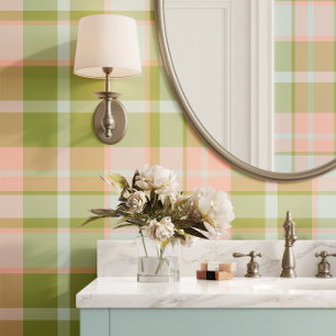 Preppy Plaid In Pink, Green and Blue Wallpaper