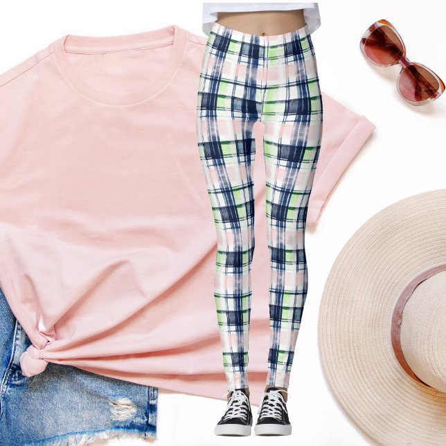 Preppy Plaid Navy Blue Pink Green Brushstroke Leggings (Creator Uploaded)