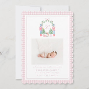 Preppy Plaid Nutcracker Monogram Photo Birth Announcement
