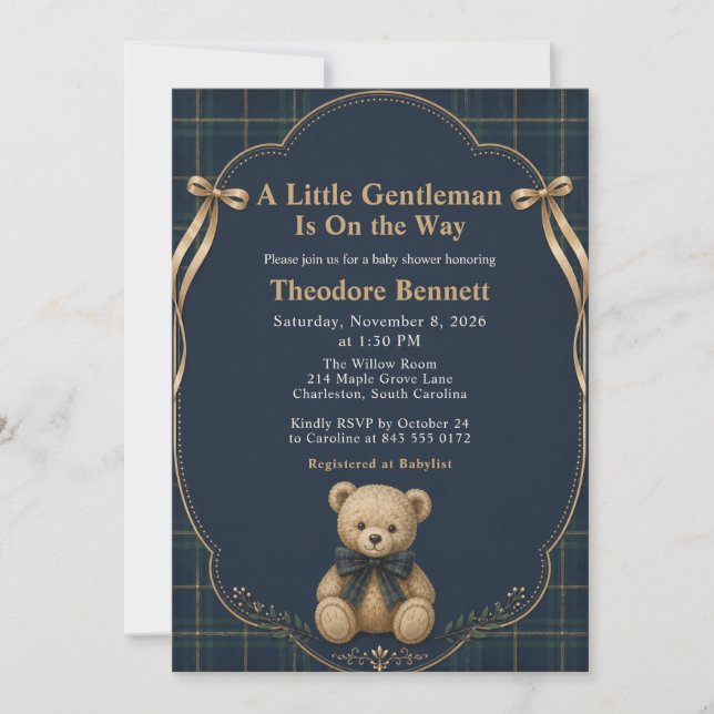 Preppy Plaid Teddy Bear Baby Shower Invitation (Front)
