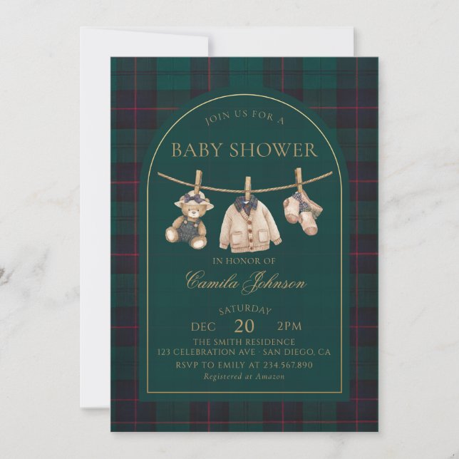 Preppy Plaid Teddy Bear Baby Shower Invitation (Front)