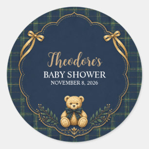 Preppy Plaid Teddy Bear Baby Shower Round Sticker