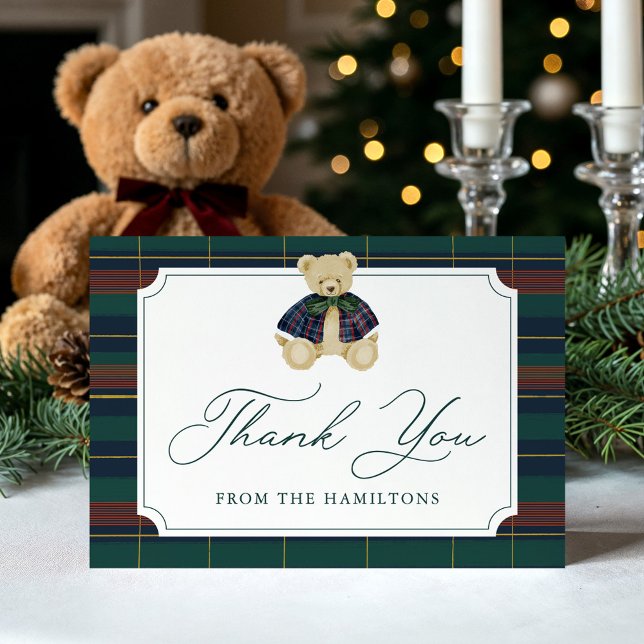 Preppy Plaid Teddy Bear Baby Shower Thank You Card (Creator Uploaded)