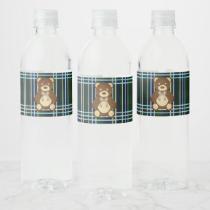 Preppy Plaid Teddy Bear Baby Shower Water Bottle Label