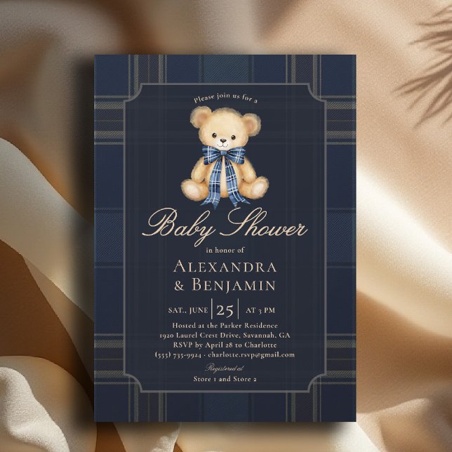 Preppy Plaid Teddy Bow Blue Coed Boy Baby Shower Invitation (preppy baby shower invitation teddy bear blue plaid bow elegant country club modern classic coed)