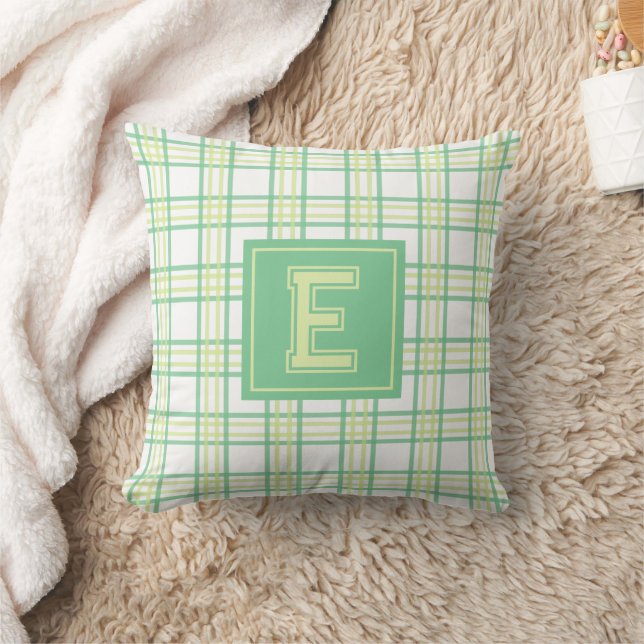 Preppy Plaid Varsity Monogram Green Lime Cushion (Blanket)