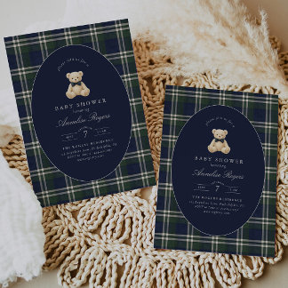 Preppy Polo Tartan Teddy Bear Boy Baby Shower Invitation