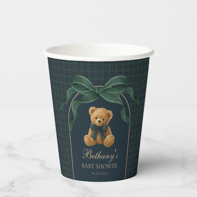 Preppy Polo Teddy Bear Green Navy Plaid Baby Boy Paper Cups (Back)
