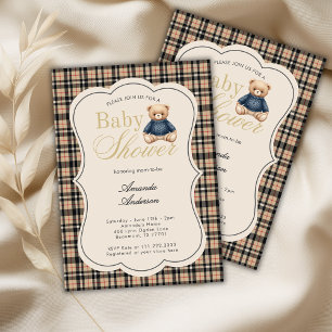Preppy Polo Teddy Bear Luxury Beige Baby Shower Invitation