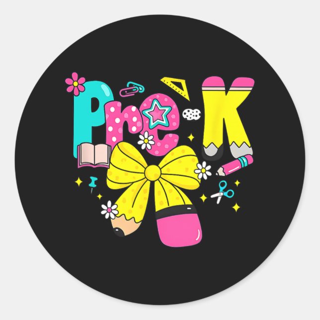 Preppy Pre-k Pencil Bow Back To School Teacher Gir Classic Round Sticker (Front)
