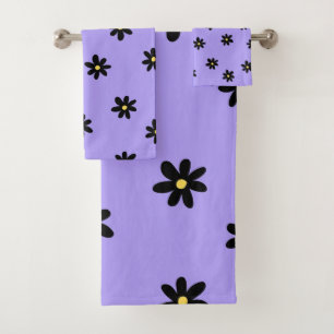Preppy Purple Black Floral Simple Flower Pattern Bath Towel Set
