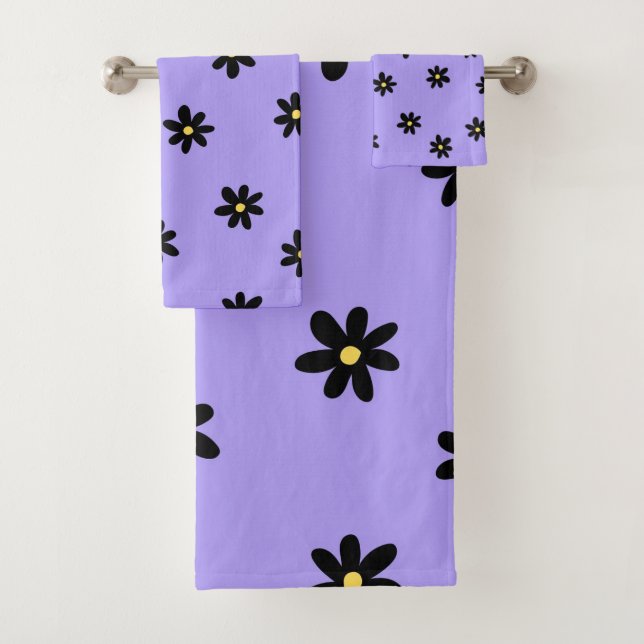 Preppy Purple Black Floral Simple Flower Pattern Bath Towel Set (Insitu)