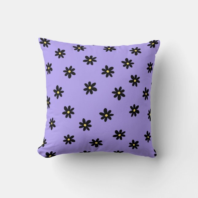 Preppy Purple Black Floral Simple Flower Pattern Cushion (Front)