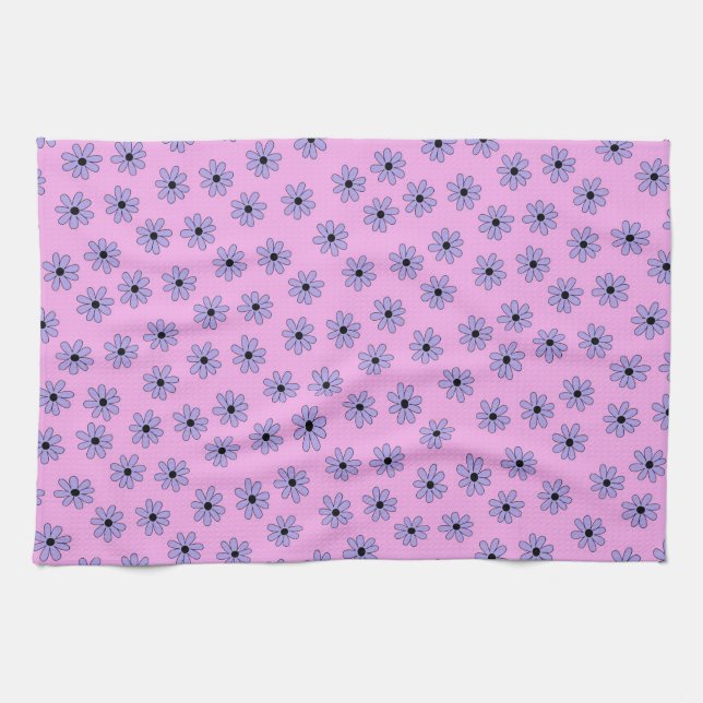 Preppy Purple Blue Hippie Flower Pattern Tea Towel (Horizontal)
