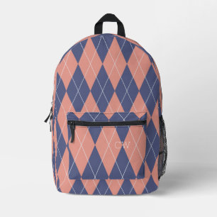 Preppy Purple Pink Argyle Print Monogram Initials Printed Backpack