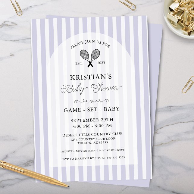 Preppy Purple Tennis Country Club Baby Shower Invitation (Elegant pastel purple tennis theme country club baby shower invitations for lavender striped invites)