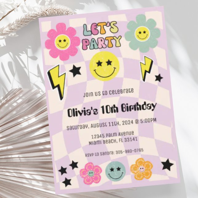Preppy Purple Y2K Happy Face Party Birthday Invitation (Creator Uploaded)