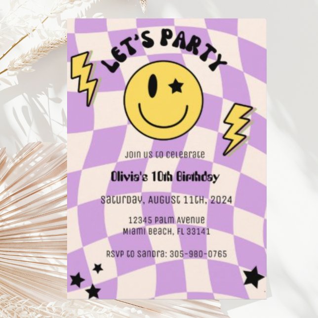 Preppy Purple Y2K Retro Smile Birthday Invitation (Creator Uploaded)