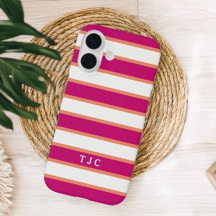 Preppy Raspberry Pink Stripe Monogram iPhone 16 Case