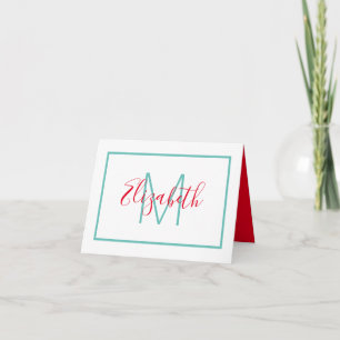 Preppy Red and Aqua Monogram Note Card
