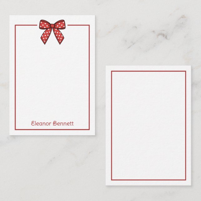 Preppy Red and White Heart Bow Personalised Card (Front/Back)