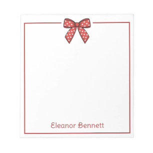 Preppy Red and White Heart Bow Personalised Notepad