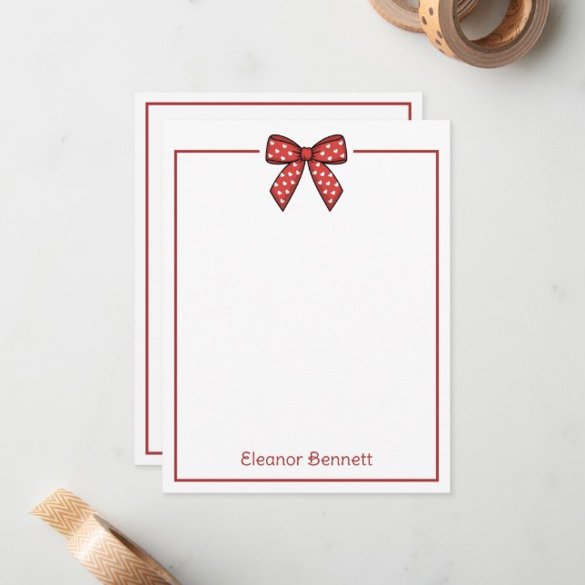 Preppy Red and White Hearts Bow Personalised Card (Front/Back In Situ)