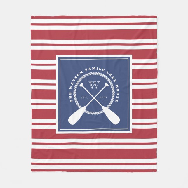 Preppy Red Blue White Lake House Monogram Fleece Blanket (Front)