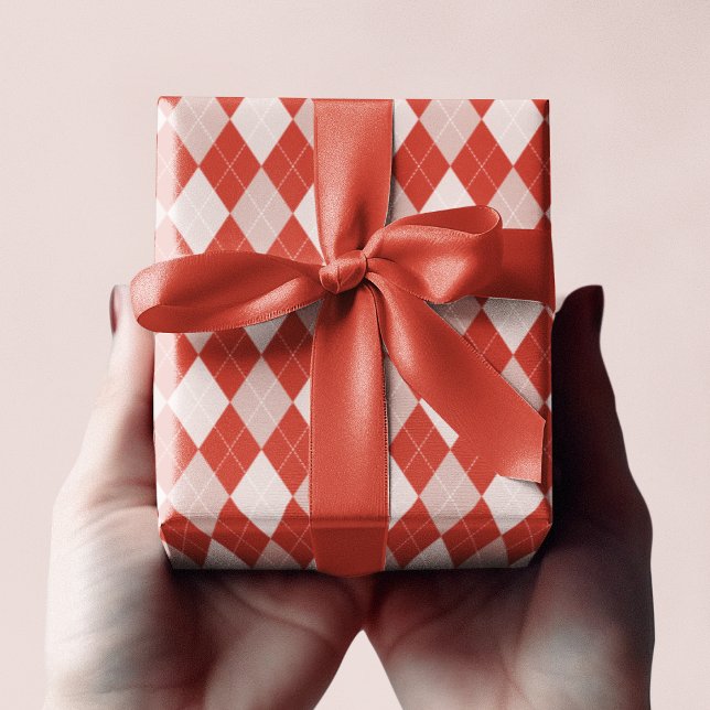 Preppy Red & Blush Pink Small Argyle Pattern Wrapping Paper (Cute & Preppy Small Sized Argyle Pattern in Red and Blush Pinks with Dotted White Lines.)