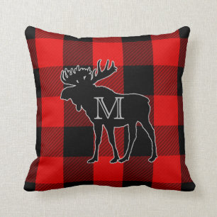 Preppy Red Buffalo Check Monogrammed Moose Cushion