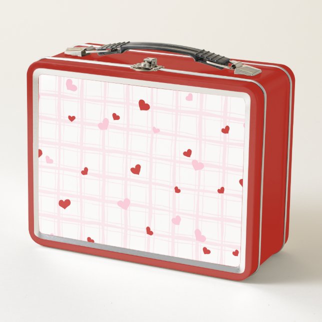 Preppy Red Hearts Pink Grid Aesthetic Lunch Box (Front)