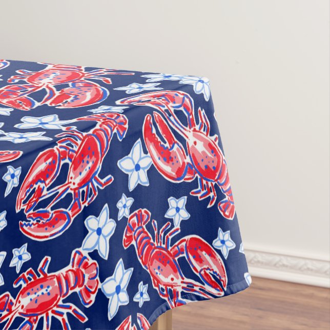 Preppy Red Lobster Floral / Coastal Nautical Navy Tablecloth (In Situ)