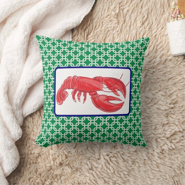 Preppy Red Lobster Green White Link Pattern Cushion (Blanket)