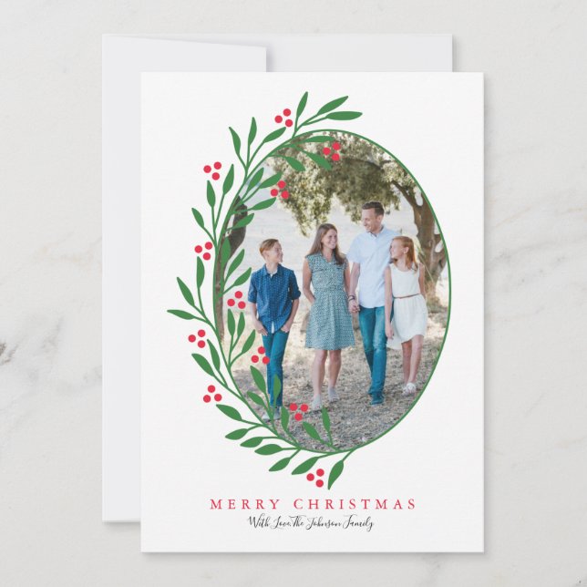 Preppy Red Oval Christmas Wreath Holiday Photo Card (Front)
