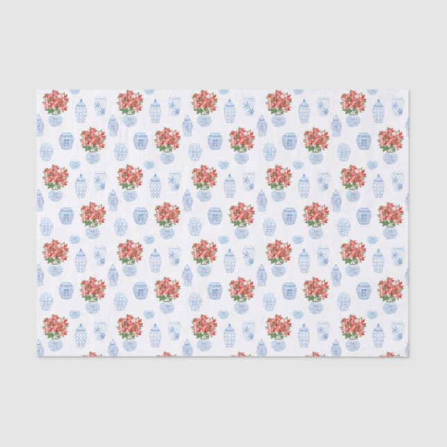 Preppy Red Poinsettia Ginger Jar Christmas Holiday Tissue Paper (Front)