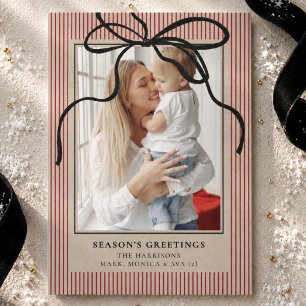 Preppy Red Stripe Black Bow Family Photo Christmas Holiday Card