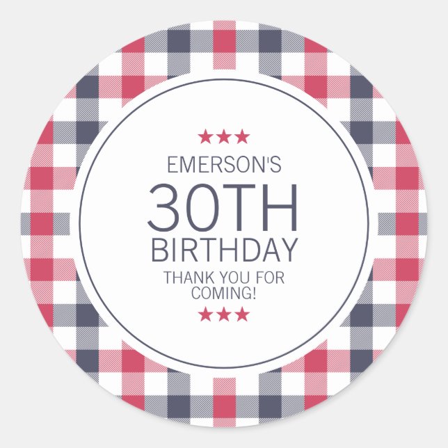Preppy Red White and Blue Plaid Thank You Birthday Classic Round Sticker (Front)