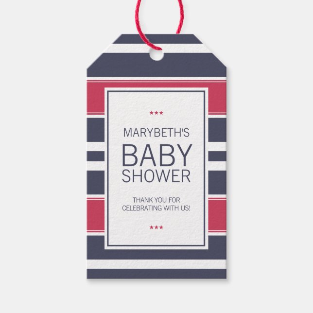 Preppy Red, White & Blue Baby Shower Gift Tag (Front)